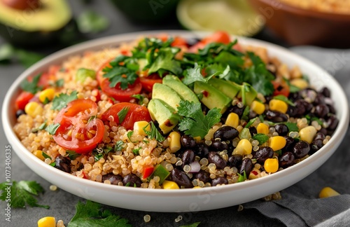 Vegetarian quinoa salad with black beans, corn and avocado.