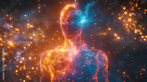 The figure of a man, illuminated by streams of energy, radiates a golden glow. Light emanates from the chest and head, creating the effect of a powerful internal flame.