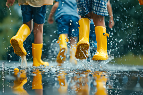 Group of children are playing in the rain, splashing water and wearing yellow rain boots. Scene is playful and joyful, as the children are enjoying themselves in the rain photo