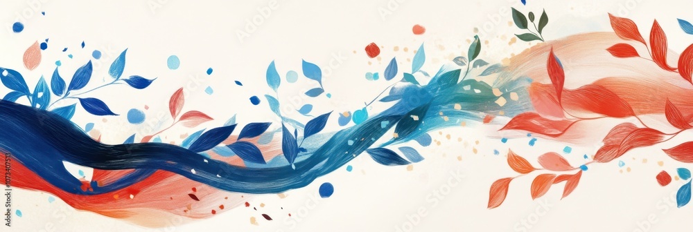 Vibrant abstract holiday background with colorful leaves and dynamic brushstrokes for festive seasonal design. Horizontal banner. Copy space. Watercolor illustration Vibrant abstract holiday background with colorful leaves and dynamic brushstrokes for festive seasonal design. Horizontal banner. Copy space. Watercolor illustration