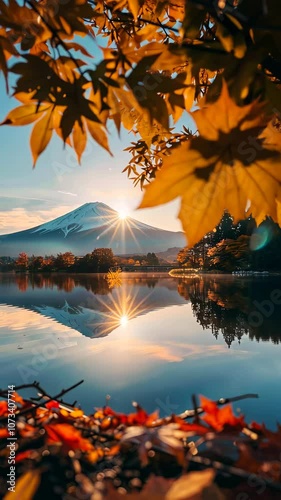 Mount fuji at sunrise with autumn leaves and lake reflection