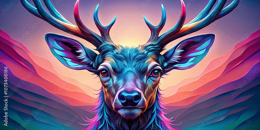 A majestic deer with iridescent antlers stands tall, its gaze focused on the horizon, a landscape of vibrant, layered hues behind it. A majestic deer with iridescent antlers stands tall, its gaze focused on the horizon, a landscape of vibrant, layered hues behind it.