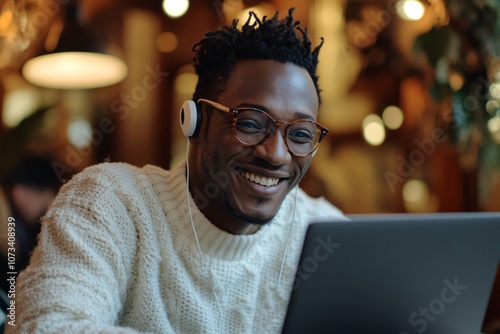 Young man working on a laptop at a cozy coffee shop during the day, enjoying a productive atmosphere and warm beverage