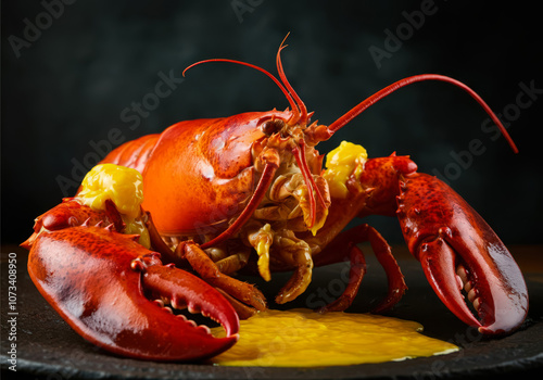 Boston Lobster tossed with Salted Egg Yolk on wooden background photo