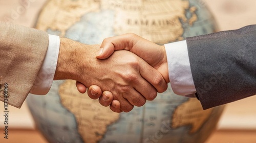 Retro 1950sstyle handshake over a detailed vintage globe, warm sepia tones, business attire, faded map textures, and classic font overlay photo