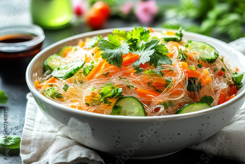 Vegetarian Glass Noodles in a Rustic Ceramic Bowl with Fresh Cilantro Garnish on Bamboo Mat