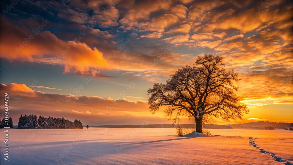 A Solitary Tree Stands Tall Against a Backdrop of Golden Clouds and a Snowy Field A Solitary Tree Stands Tall Against a Backdrop of Golden Clouds and a Snowy Field