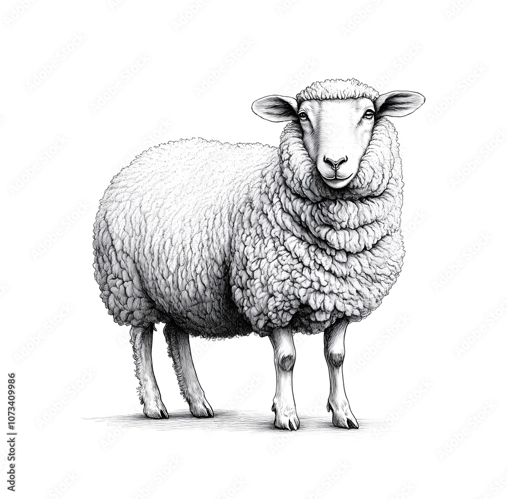 line art illustration of a full-body sheep as wide as the page, on a white background