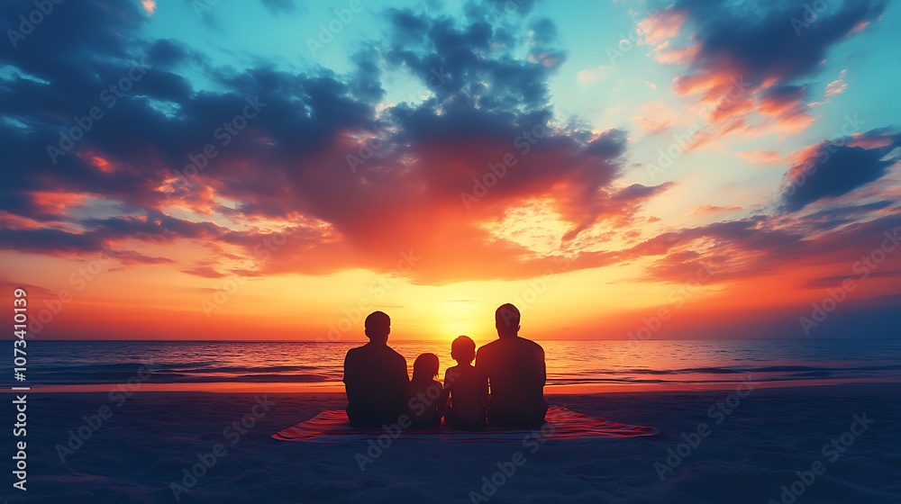 Happy family silhouette, Happy family walk on the beach at sunset. Happy family silhouette, Happy family walk on the beach at sunset.
