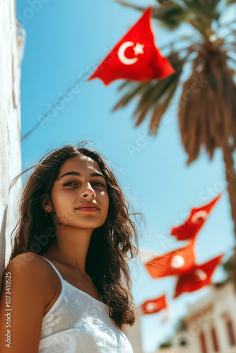 Celebration of Tunisia independence day with flags under clear blue sky. Woman an flag of Tunisia. Smiling Tunisian girl photo