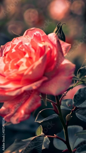 Close-up of pink rose in garden with soft bokeh background. Romantic nature photography concept