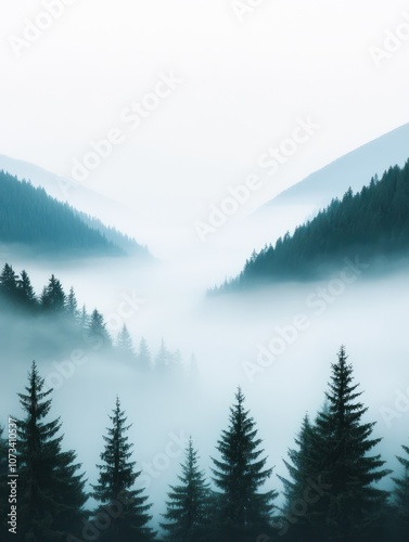 A serene misty landscape with evergreen trees set against soft, fog-laden valleys and mountains in the background, creating a tranquil atmosphere.