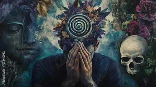 A deep spiral on a person's head symbolizes immersion in thought. On the left is a mysterious mask with an eye, on the right is a skull and purple flowers surrounding a dark scene.