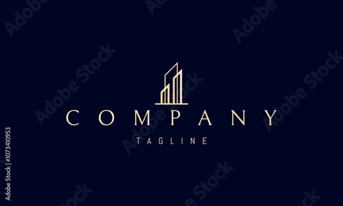 Vector golden logo with an abstract image of a skyscraper in a linear style.