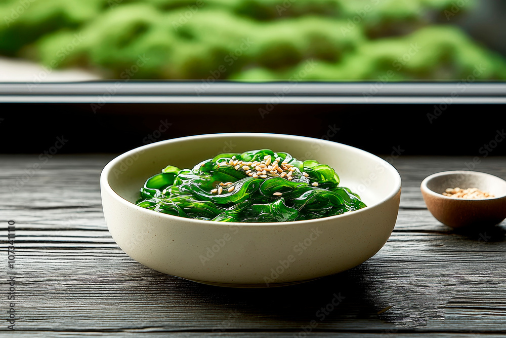 Fresh Seaweed Salad with Sesame Seeds and Scallions in Rustic Bowl Fresh Seaweed Salad with Sesame Seeds and Scallions in Rustic Bowl