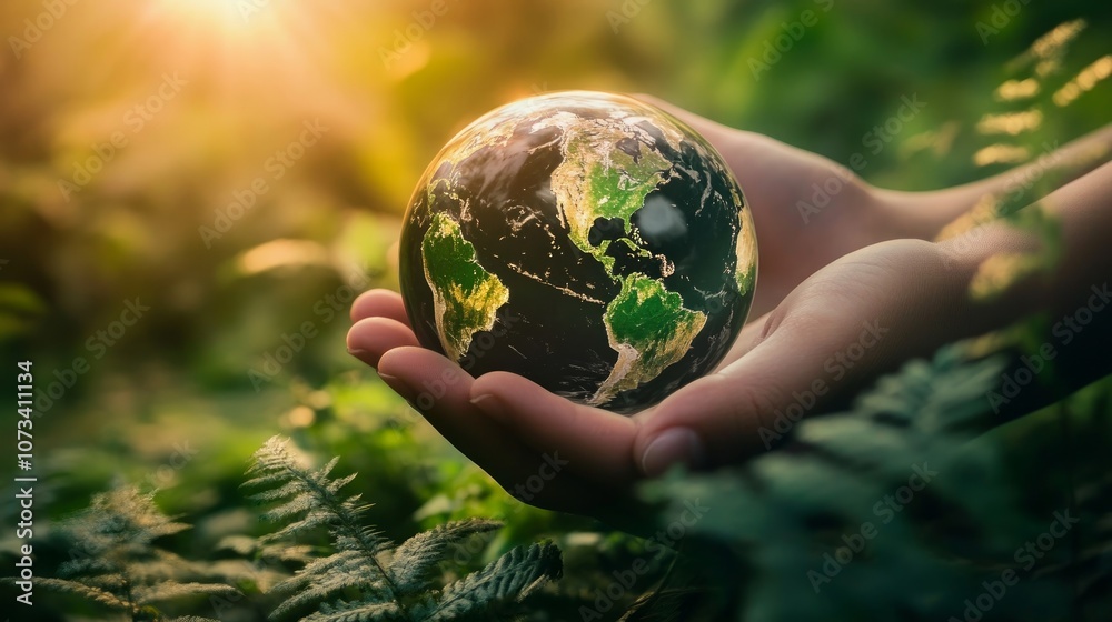 A pair of hands holding a glass globe of the Earth in a lush green forest with the sun shining in the background.