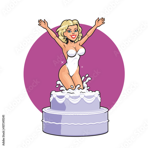 Pop out cake, young woman dancer in lingerie jumping out of the cake, a surprise show, isolated on white background. Bachelor party or invitation card or birthday poster design, vector illustration