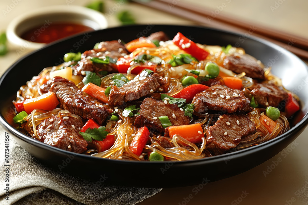Asian Glass Noodles Stir-Fried with Beef and Fresh Vegetables in Rustic Bowl Asian Glass Noodles Stir-Fried with Beef and Fresh Vegetables in Rustic Bowl