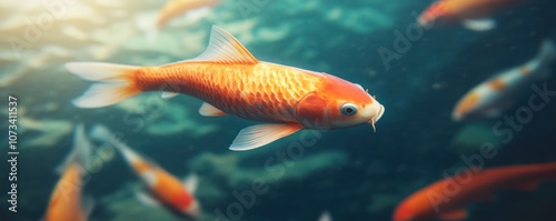 A vibrant koi fish swims gracefully among a serene underwater environment, showcasing its striking orange coloration and intricate patterns.