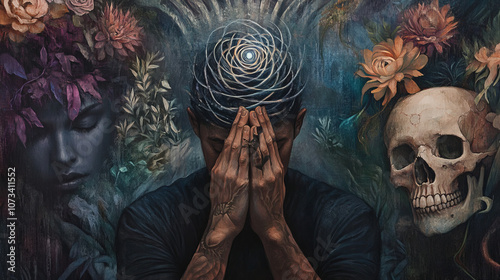 A man with a head decorated with a spiral hides his face in his hands. Mysterious flowers, a skull and an eye mask surround him, creating an atmosphere of reflection and mystery.
