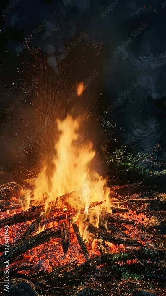 Campfire with glowing embers at night in forest, warm atmosphere. Outdoor camping and nature concept Campfire with glowing embers at night in forest, warm atmosphere. Outdoor camping and nature concept