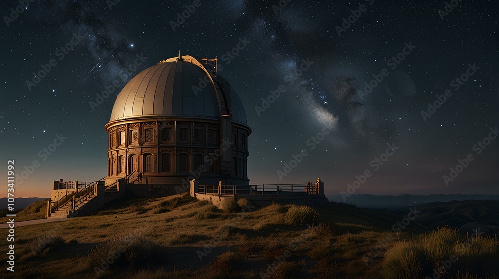 A large telescope positioned on a hill, overlooking the landscape under a clear blue sky A large telescope positioned on a hill, overlooking the landscape under a clear blue sky