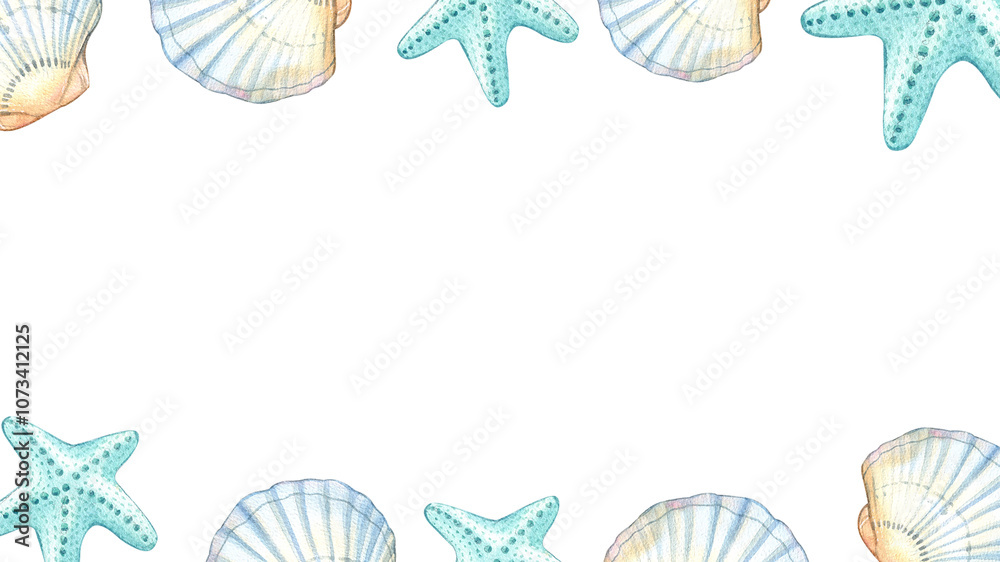 Frame of seashells and starfish in a seaside concept. Frame of seashells and starfish in a seaside concept.