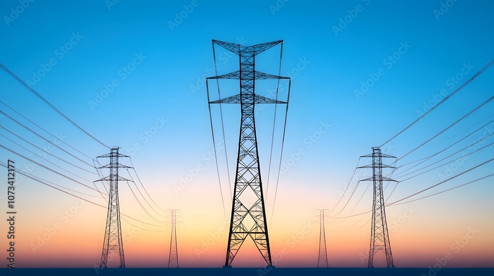 Power lines and power poles silhouetted against a vibrant sunset – Representing energy infrastructure, technology, and the beauty of industrial landscapes Power lines and power poles silhouetted against a vibrant sunset – Representing energy infrastructure, technology, and the beauty of industrial landscapes