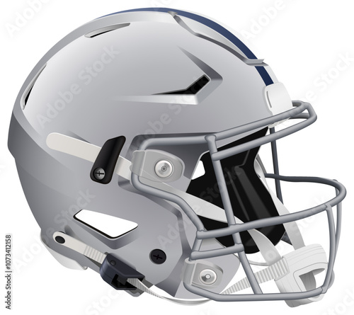 Realistic gray 3D American football helmet with white and blue stripes. Gray mask with chin strap