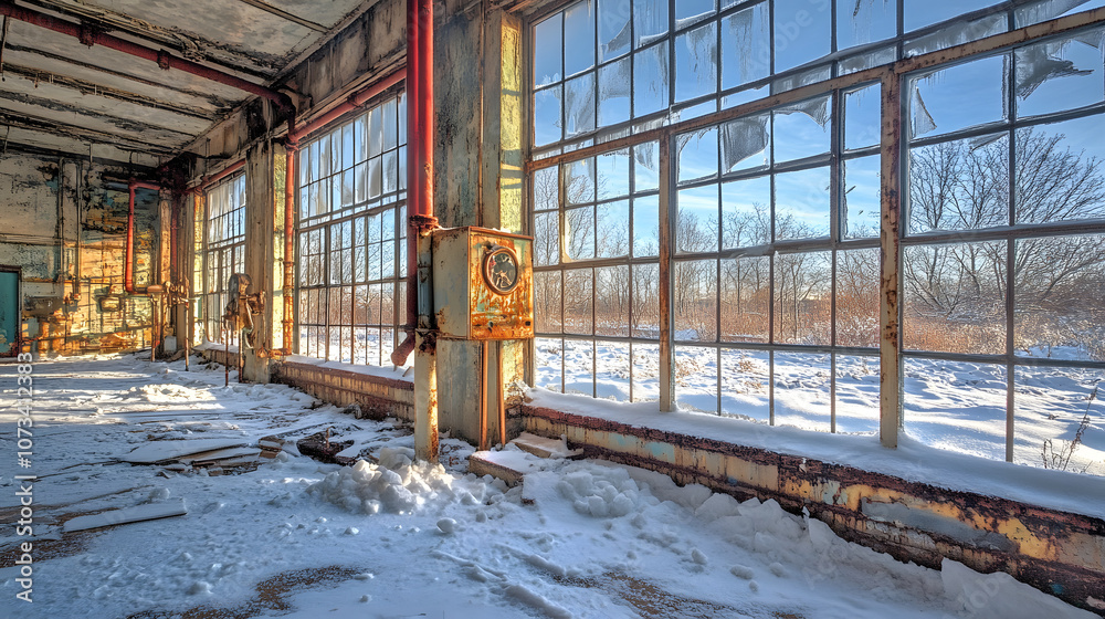 An abandoned winter factory with broken windows, rusted pipes, and snow covering the ground. An abandoned winter factory with broken windows, rusted pipes, and snow covering the ground.