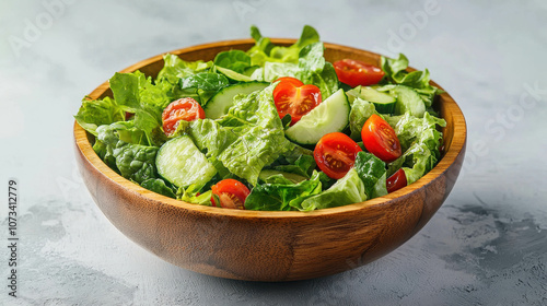 Fresh Green Salad with Mixed Lettuce and Cherry Tomatoes in a Wooden Bowl on a Light Table Background for Healthy Eating and Cooking Inspiration