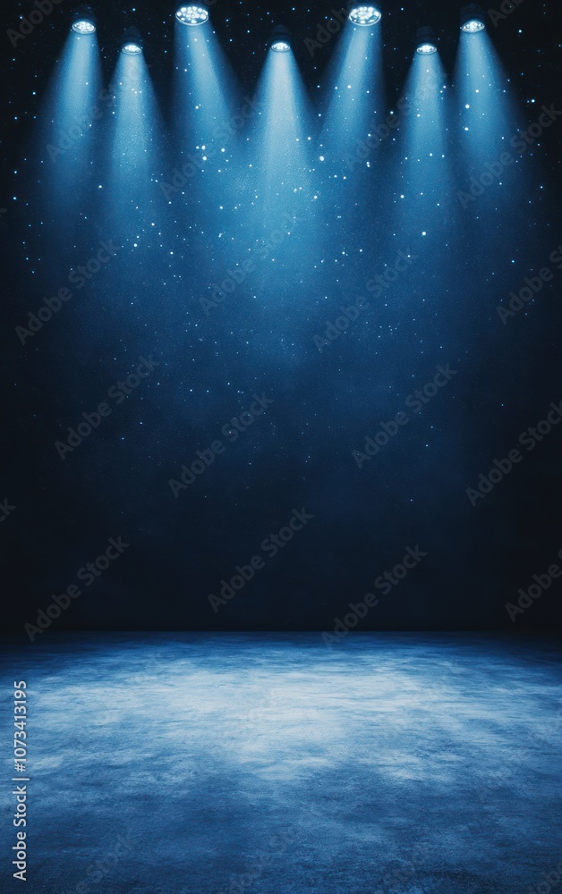 Fototapeta premium A dimly lit stage illuminated by blue lights, creating a dramatic atmosphere with a subtle shimmer in the air.