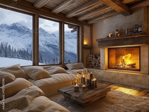 Cozy Cabin Interior with Mountain View and Fireplace