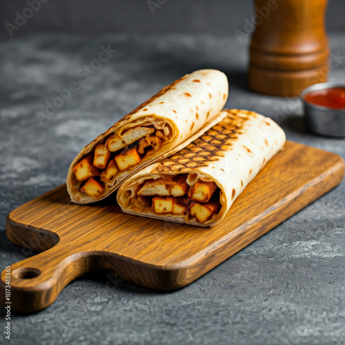 Paneer Tikka shawarma Wrap served in a cutting board fastfood photo