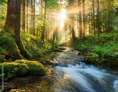 wald panorama mit bach und sonnenstrahlen