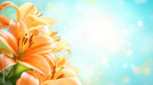A vibrant close-up of orange lilies against a soft blue background, creating a serene and uplifting atmosphere with gentle light reflections.