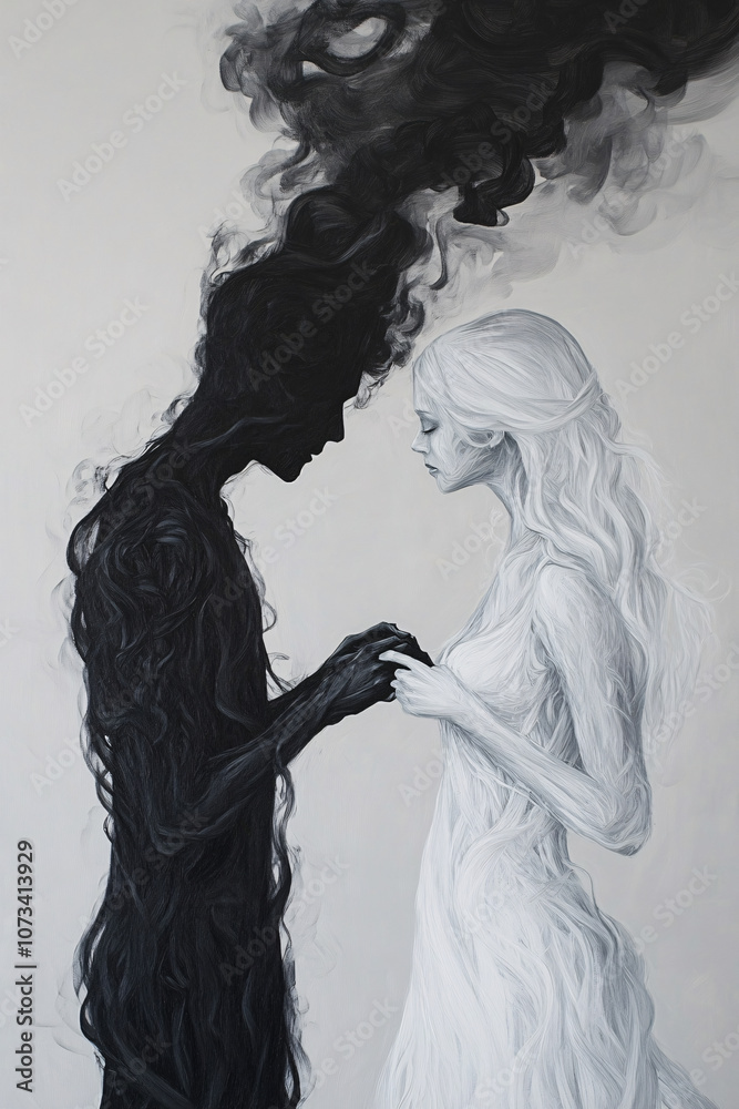 Fototapeta premium Artistic Depiction of Couple with Hands Almost Touching, Portrayed as Dark and Light Smoke Figures, Symbolizing Duality and Connection