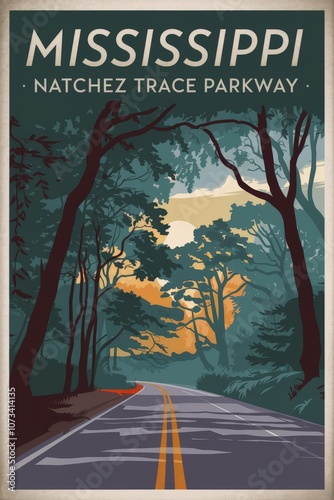 Stunning Vintage Travel Poster: Natchez Trace Parkway, Mississippi - Serene Scenic Route with Lush Greenery and Warm Sunset Vibes - Perfect for Travel Enthusiasts! photo