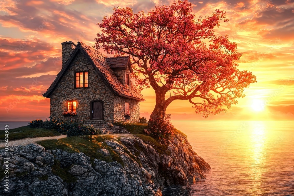 A charming stone house with a vibrant tree at sunset, overlooking a tranquil sea landscape. A charming stone house with a vibrant tree at sunset, overlooking a tranquil sea landscape.