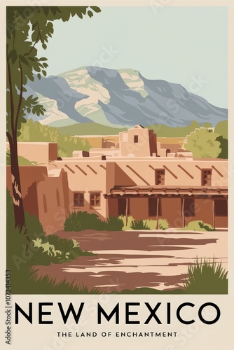 Vintage Travel Poster: Explore New Mexico - The Land of Enchantment, Showcasing Majestic Mountains and Adobe Architecture in a Nostalgic Design