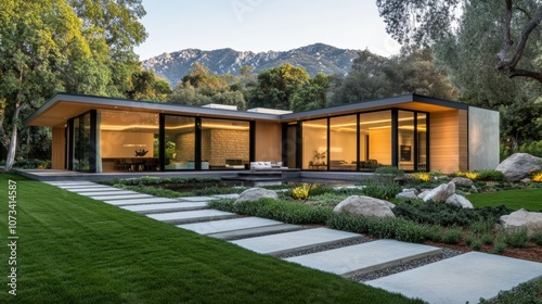 Modern glass house with mountain backdrop and lush garden path, AI