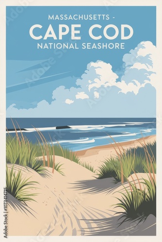 Vintage Travel Poster of Cape Cod National Seashore: Iconic Scenic Dunes and Serene Ocean Waves Captured in Retro Art Style for Travel Enthusiasts. photo