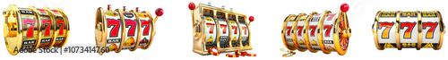 Group of vibrant slot machines with classic symbols in a lively casino isolated on transparent background