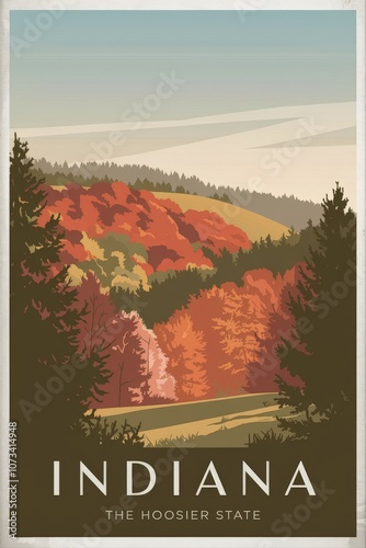 Vintage Travel Poster of Indiana: Captivating Autumn Landscapes in the Hoosier State, Featuring Vibrant Fall Colors and Serene Nature Scenes. photo