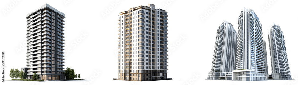 Modern skyscraper set showcasing diverse architectural designs isolated on transparent background Modern skyscraper set showcasing diverse architectural designs isolated on transparent background