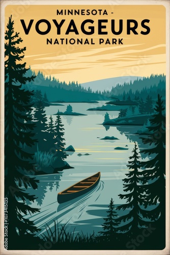 Vintage Travel Poster of Minnesotas Voyageurs National Park: Serene Lake Scene with Canoe Surrounded by Lush Forest and Majestic Mountains at Sunset photo