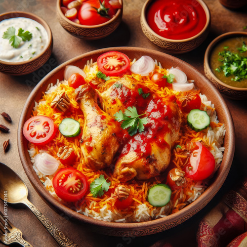 Madhbi chicken or chicken biryani with tomato sauce and salad served in a dish on wooden table fastfood photo