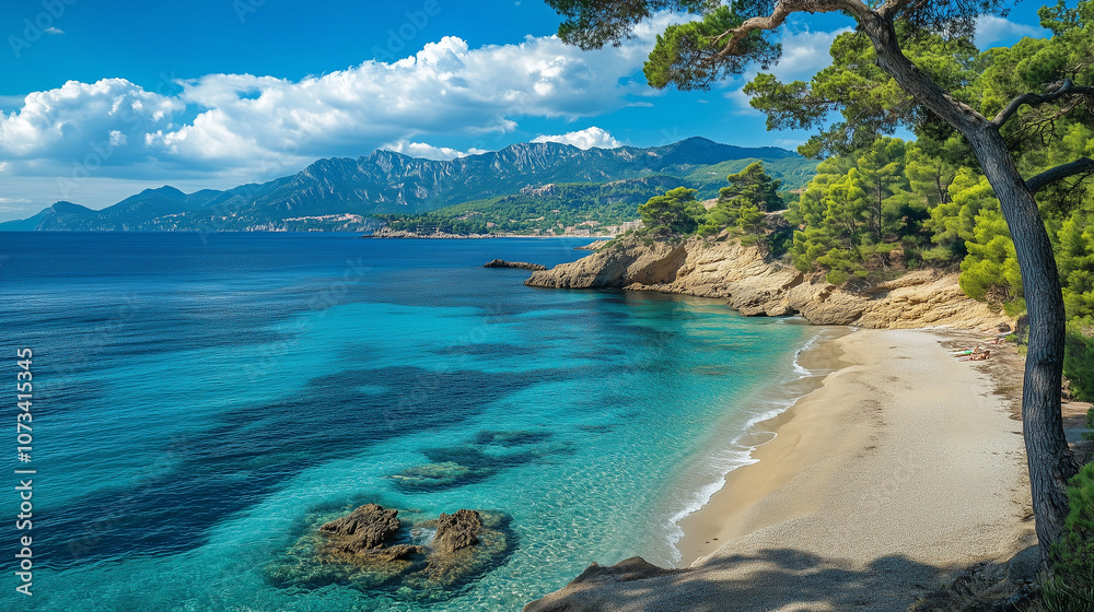 Mediterranean Coastal Landscape with Turquoise Water and Pine Trees on a Clear Day Mediterranean Coastal Landscape with Turquoise Water and Pine Trees on a Clear Day