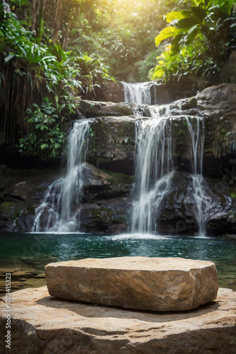 Rock podium in jungle with waterfall