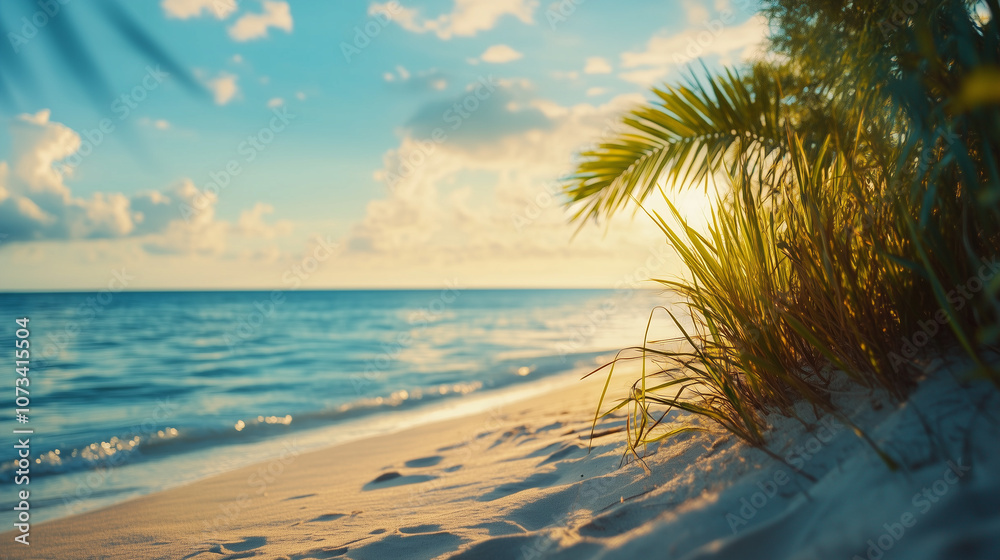 Fototapeta premium Sunset on a Tropical Beach with Palm Leaves and Soft Sand